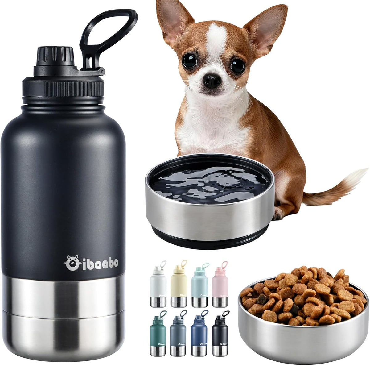 Travel Water Bottle with Two Detachable Bowls — Matte Black, 32 oz — selected option