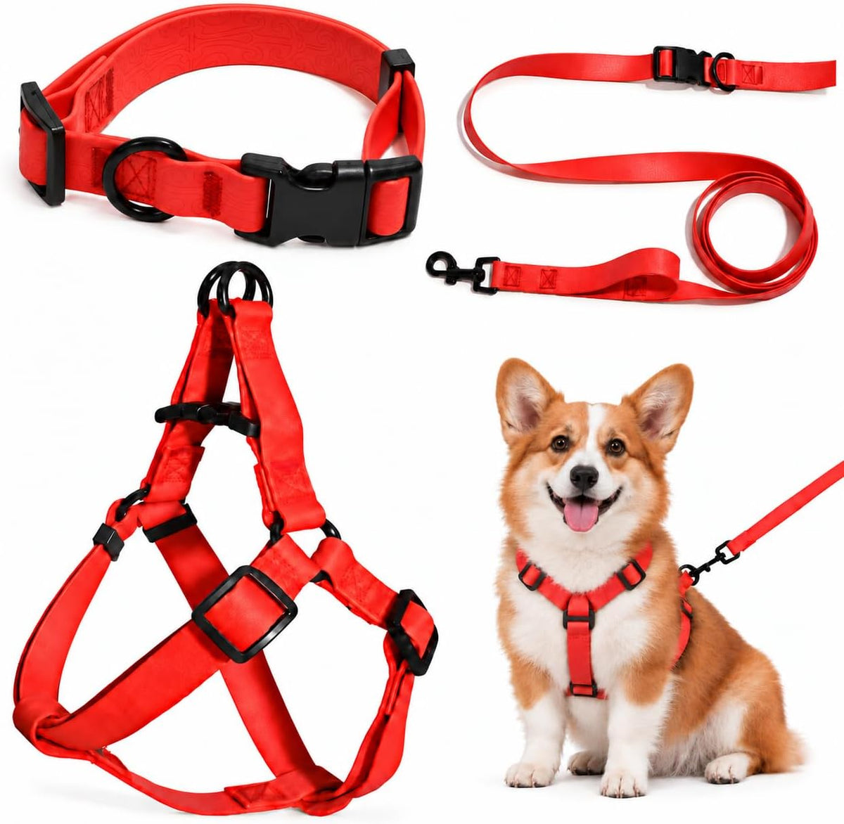 Harness, Collar and Convertible Leash Set — Red, L — selected option